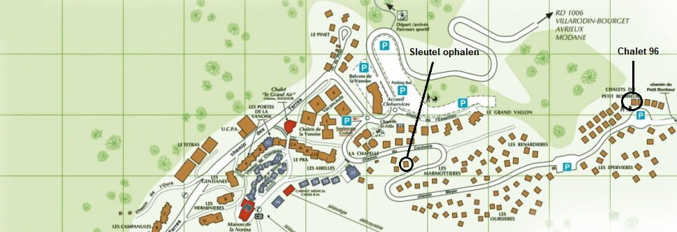 Chalet 96 - sleutelservice bij chalet 8. weergegeven op plattegrond la Norma.